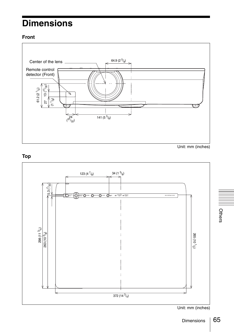 Dimensions, Front, Oth e rs | Unit: mm (inches), Unit: mm (inches) center of the lens, Remote control detector (front) | Sony Data Projector VPL-CX150 User Manual | Page 65 / 70