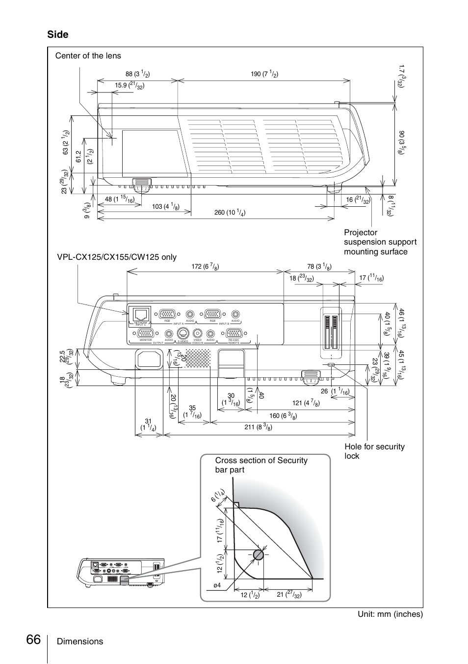 Side, Dimensions, Unit: mm (inches) | Center of the lens, Projector suspension support mounting surface | Sony Data Projector VPL-CX150 User Manual | Page 66 / 70