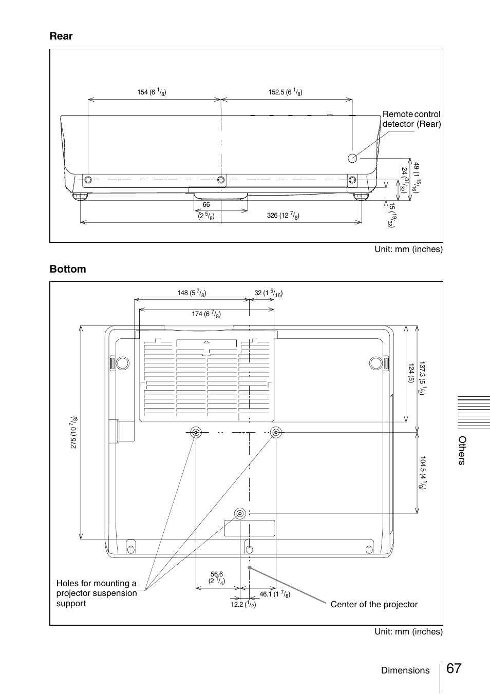 Rear, Bottom, Oth e rs | Dimensions | Sony Data Projector VPL-CX150 User Manual | Page 67 / 70