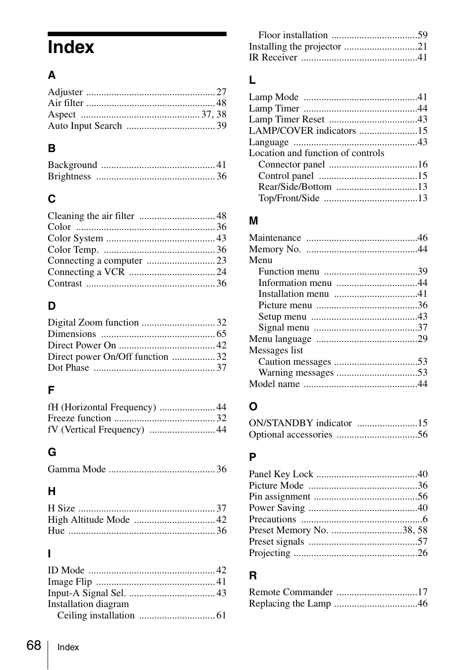 Index | Sony Data Projector VPL-CX150 User Manual | Page 68 / 70
