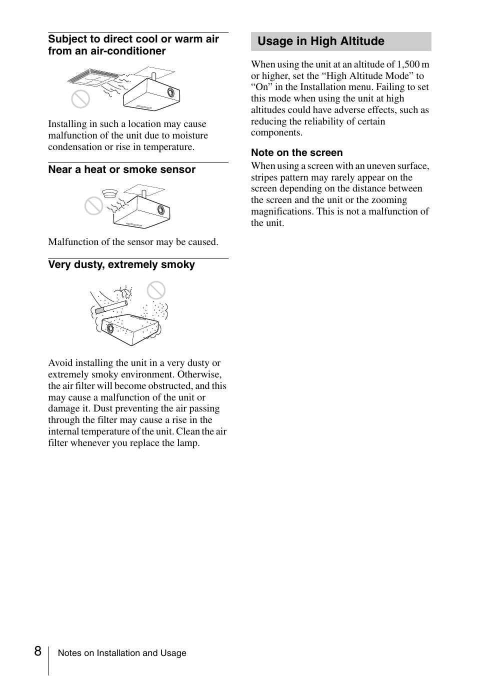 Usage in high altitude | Sony Data Projector VPL-CX150 User Manual | Page 8 / 70