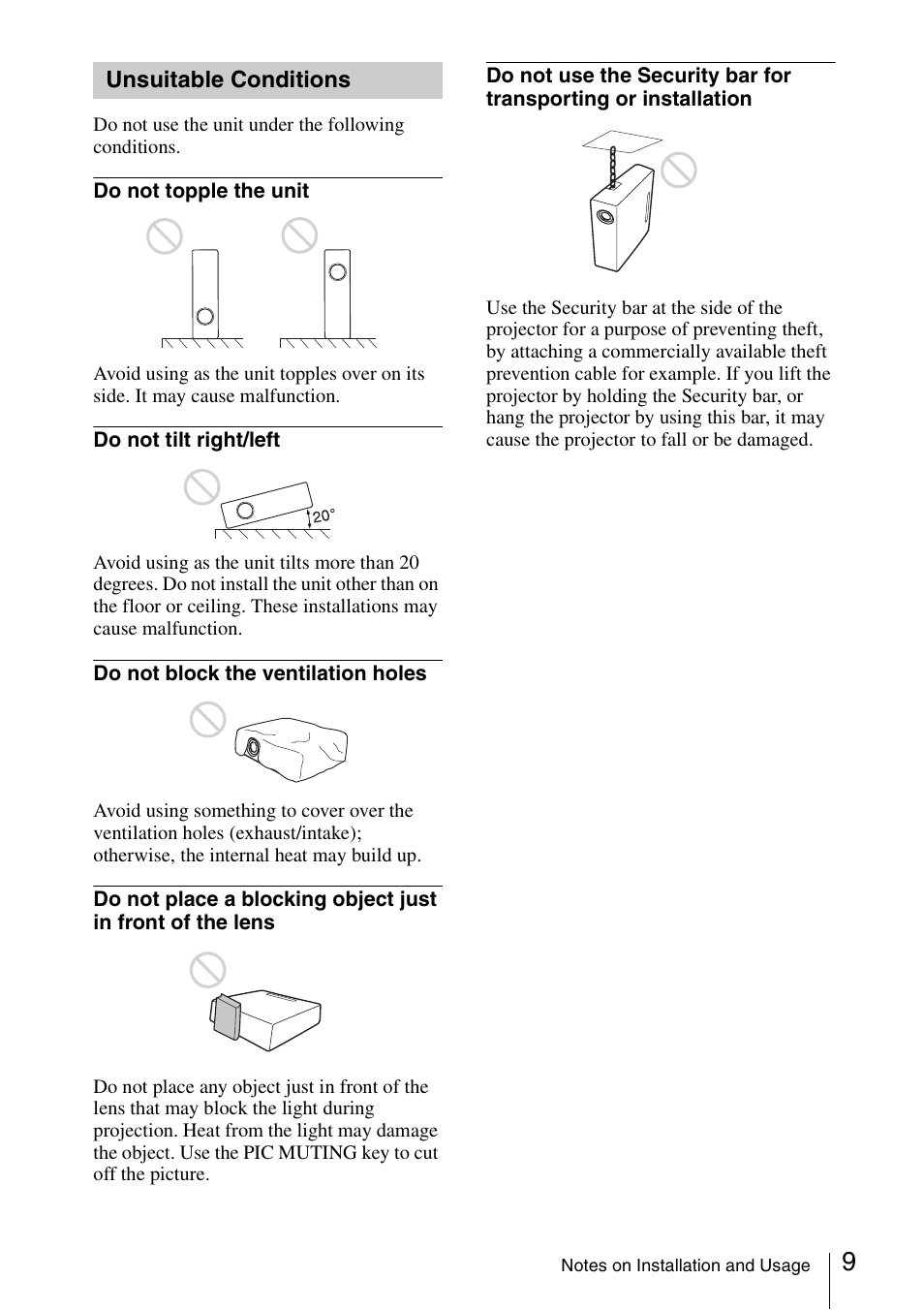 Unsuitable conditions | Sony Data Projector VPL-CX150 User Manual | Page 9 / 70