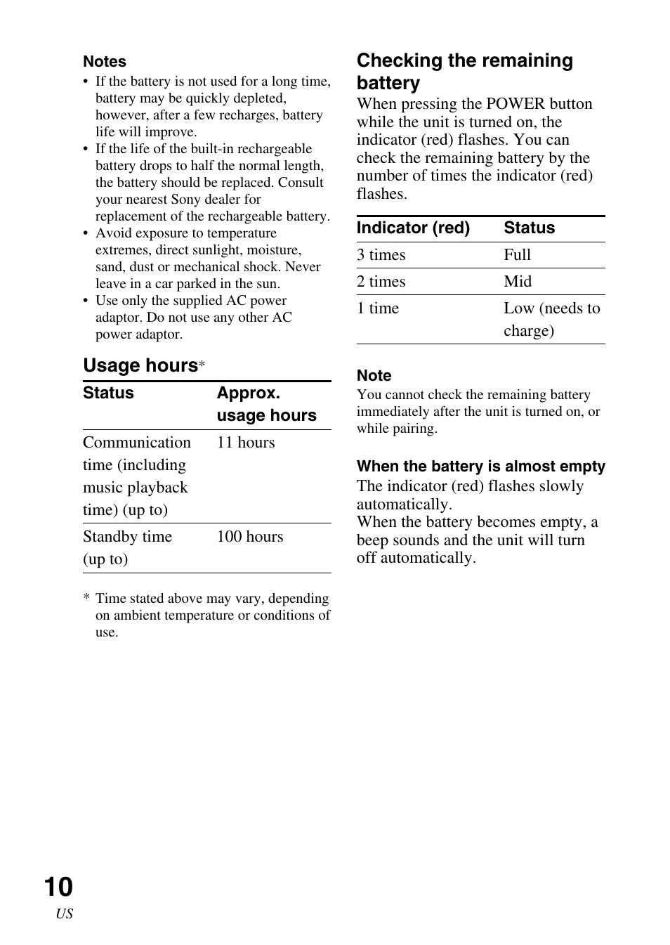 Checking the remaining battery, Usage hours | Sony DR BT22 User Manual | Page 10 / 56