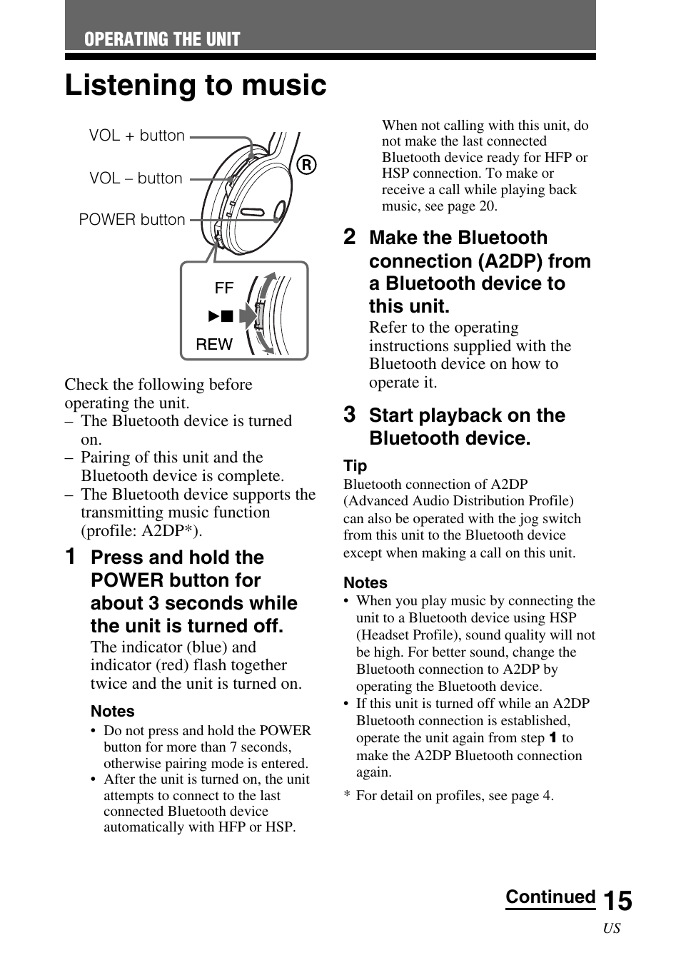 Listening to music | Sony DR BT22 User Manual | Page 15 / 56