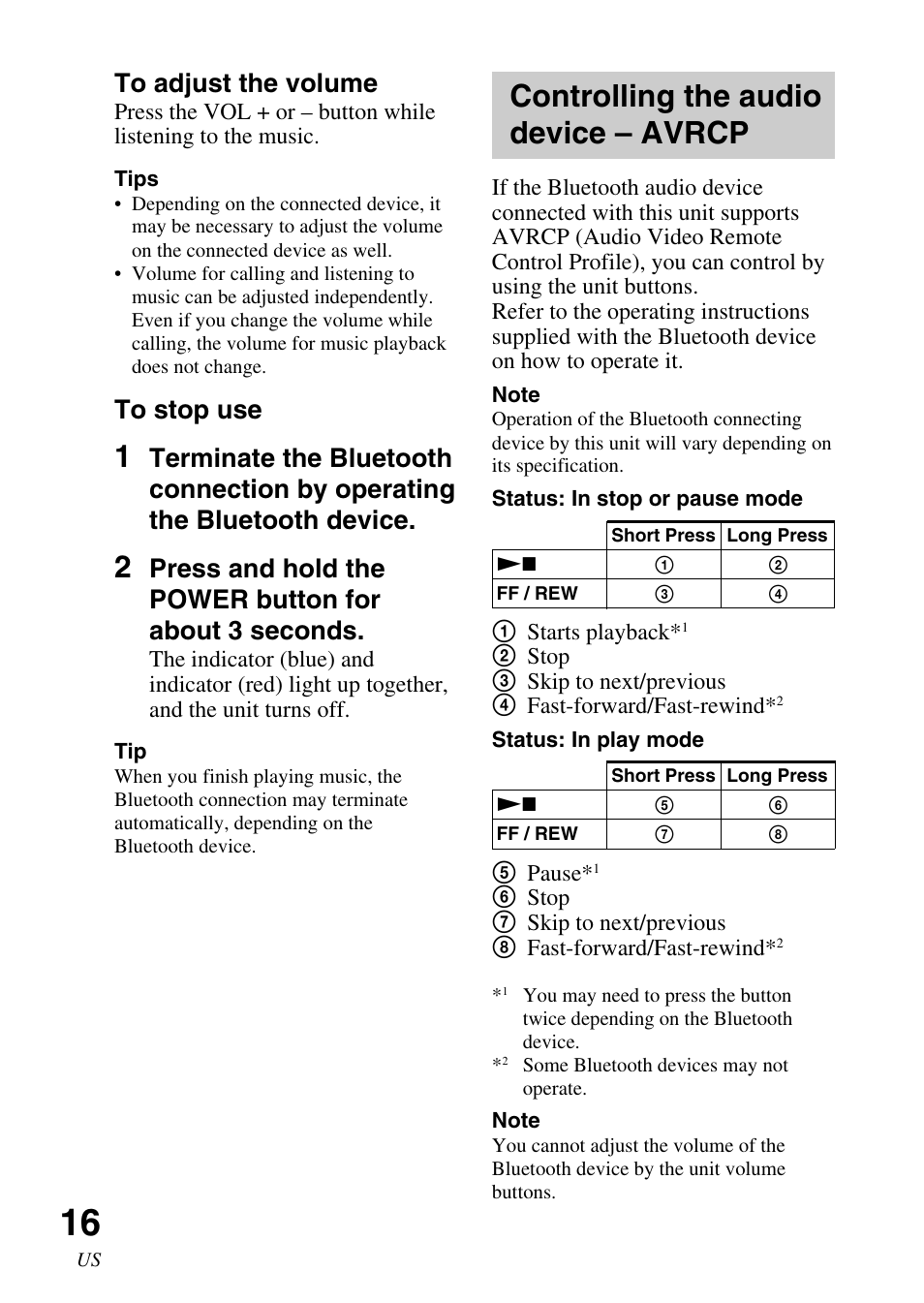 Controlling the audio device – avrcp, Controlling the audio device, Avrcp | Sony DR BT22 User Manual | Page 16 / 56