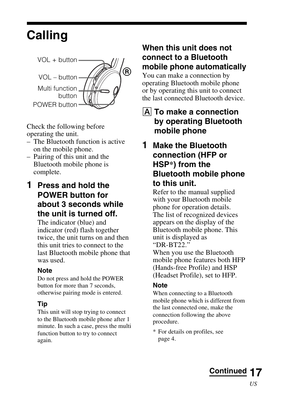 Calling | Sony DR BT22 User Manual | Page 17 / 56