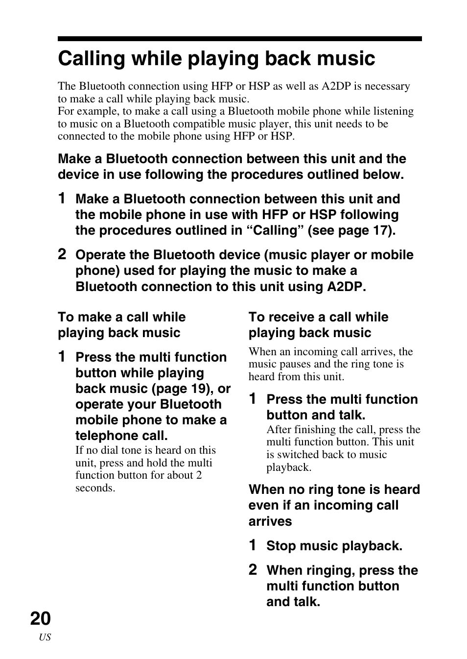 Calling while playing back music, Calling while playing, Back music | Sony DR BT22 User Manual | Page 20 / 56