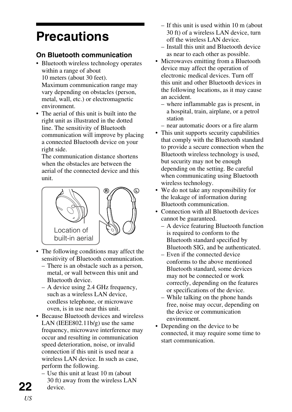 Precautions | Sony DR BT22 User Manual | Page 22 / 56