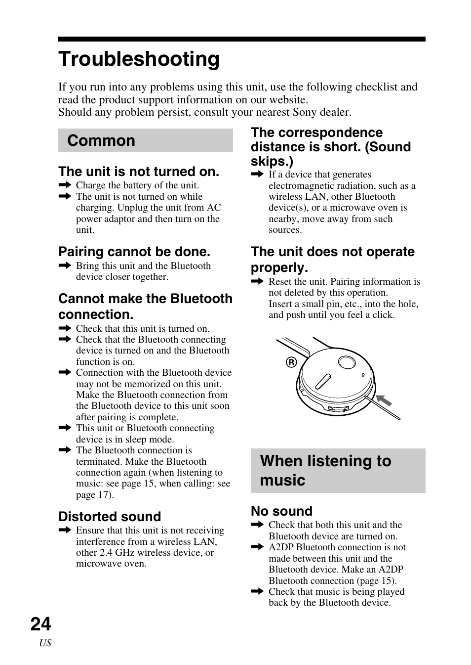 Troubleshooting, Common, When listening to music | Sony DR BT22 User Manual | Page 24 / 56