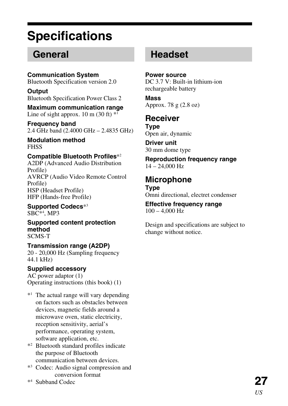 Specifications, General, Headset | Receiver, Microphone | Sony DR BT22 User Manual | Page 27 / 56