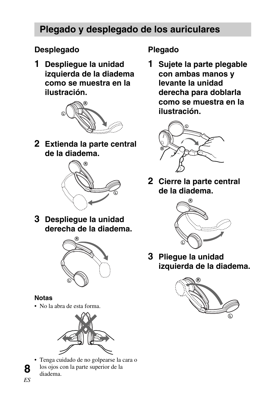 Plegado y desplegado de los auriculares, Plegado y desplegado de los, Auriculares | Sony DR BT22 User Manual | Page 34 / 56