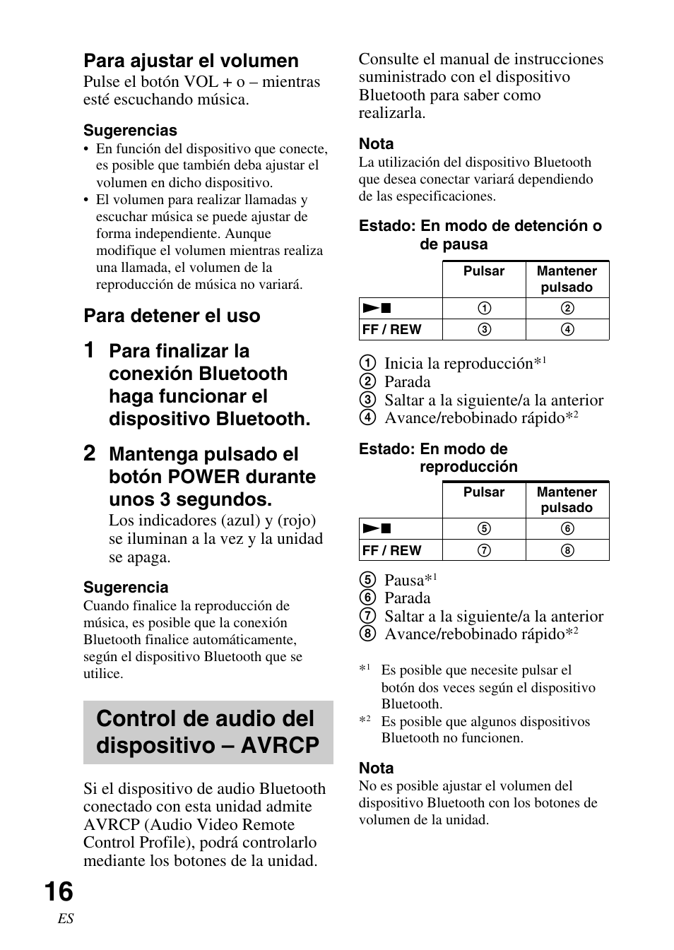 Control de audio del dispositivo – avrcp, Control de audio del dispositivo, Avrcp | Para ajustar el volumen, Para detener el uso | Sony DR BT22 User Manual | Page 42 / 56