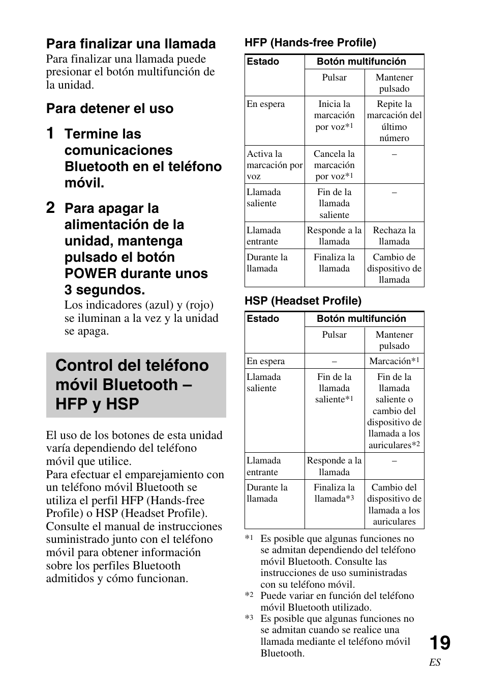 Control del teléfono móvil bluetooth – hfp y hsp, Control del teléfono móvil, Bluetooth – hfp y hsp | Para finalizar una llamada, Para detener el uso | Sony DR BT22 User Manual | Page 45 / 56