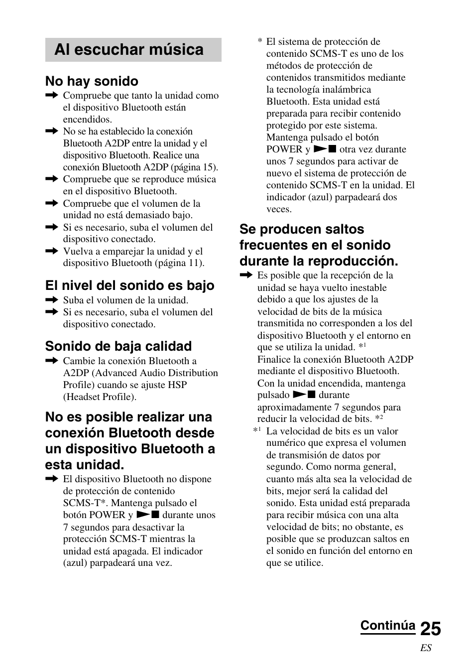 Al escuchar música, No hay sonido, El nivel del sonido es bajo | Sonido de baja calidad, Continúa | Sony DR BT22 User Manual | Page 51 / 56