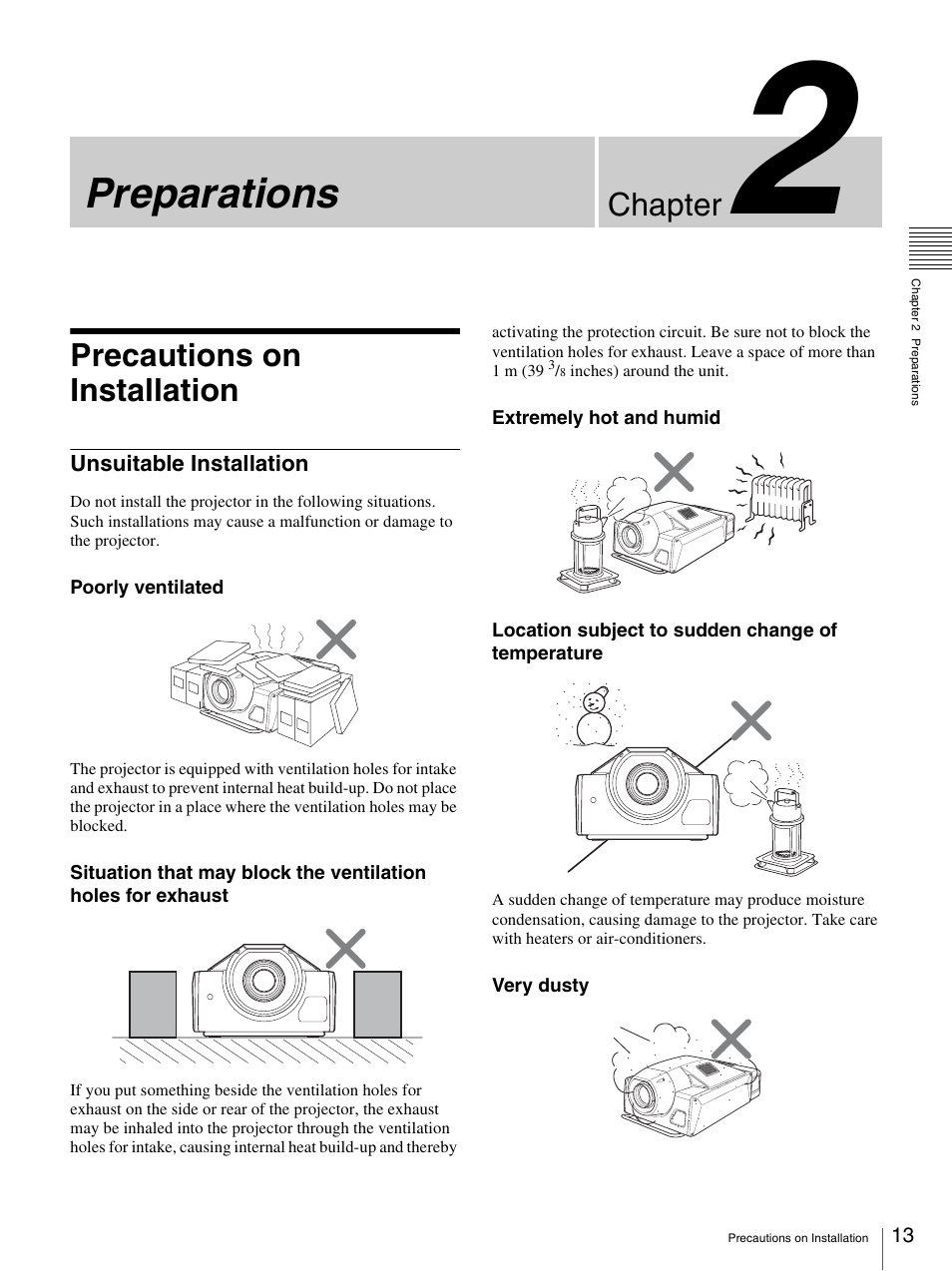 Chapter 2 preparations, Precautions on installation, Unsuitable installation | Preparations, Chapter | Sony SRX-T110 User Manual | Page 13 / 43