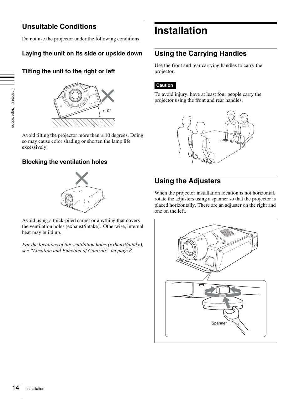 Unsuitable conditions, Installation, Using the carrying handles | Using the adjusters, Using the carrying handles using the adjusters | Sony SRX-T110 User Manual | Page 14 / 43