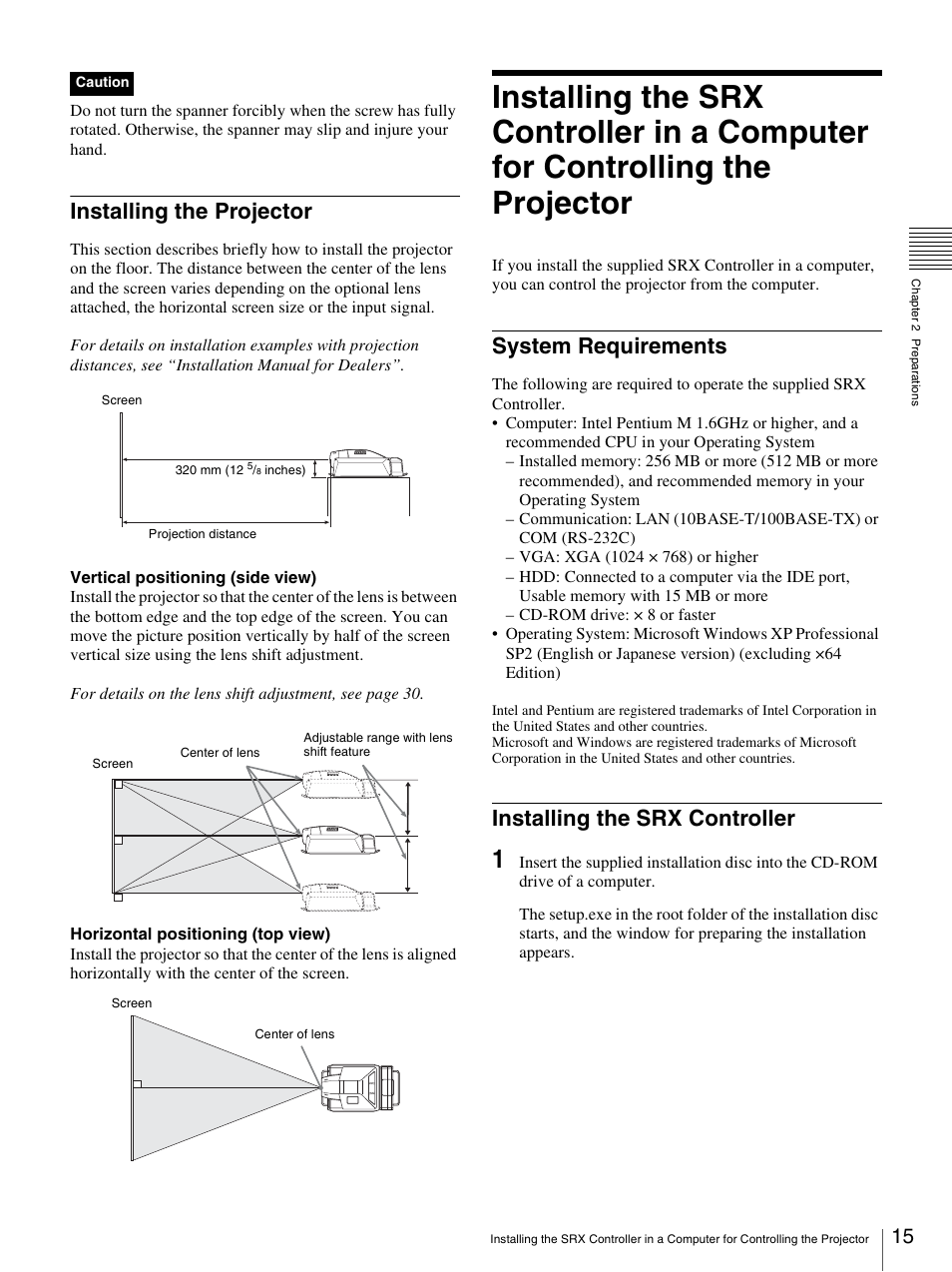 Installing the projector, System requirements, Installing the srx controller | Sony SRX-T110 User Manual | Page 15 / 43