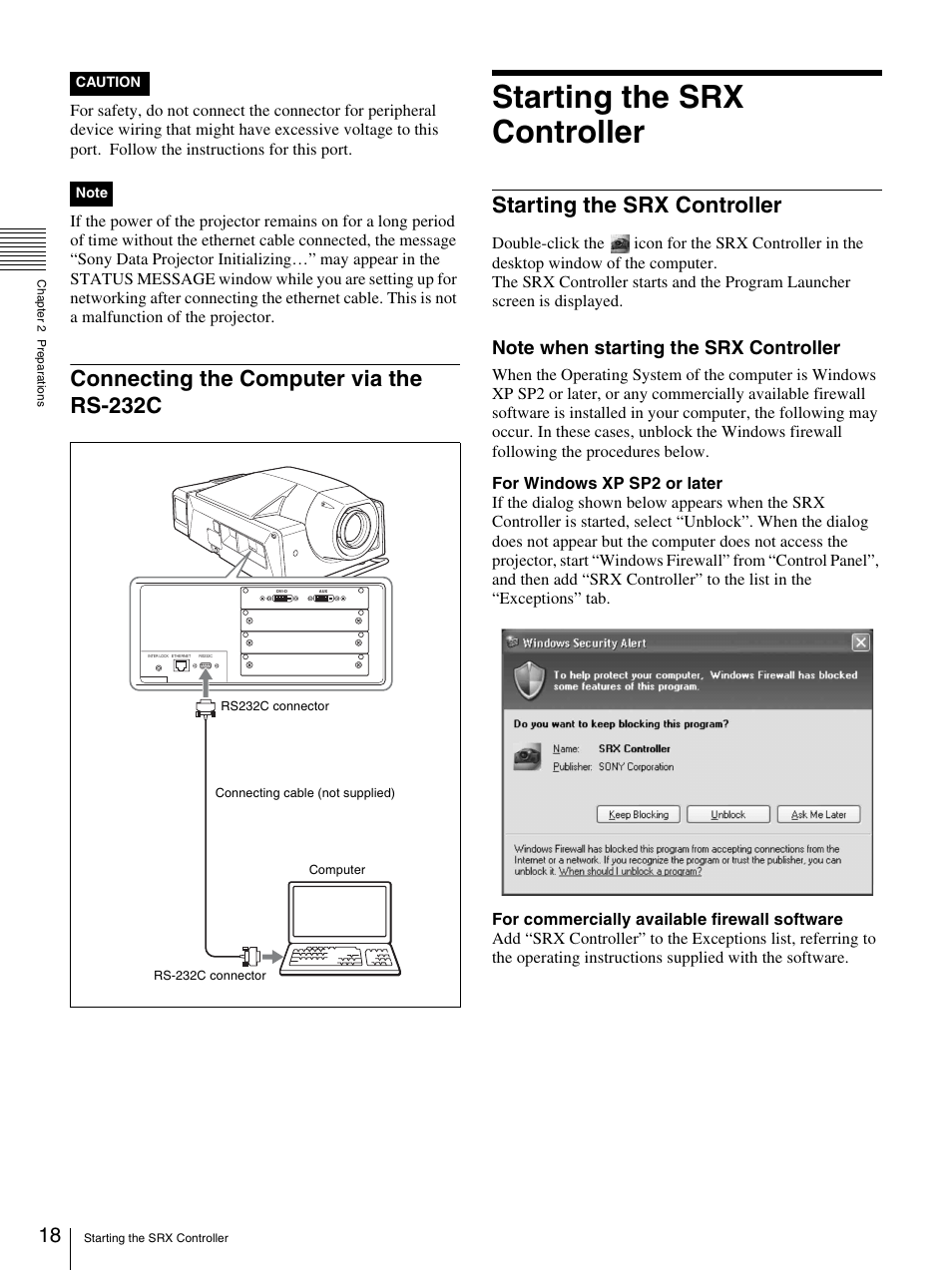 Connecting the computer via the rs-232c, Starting the srx controller | Sony SRX-T110 User Manual | Page 18 / 43