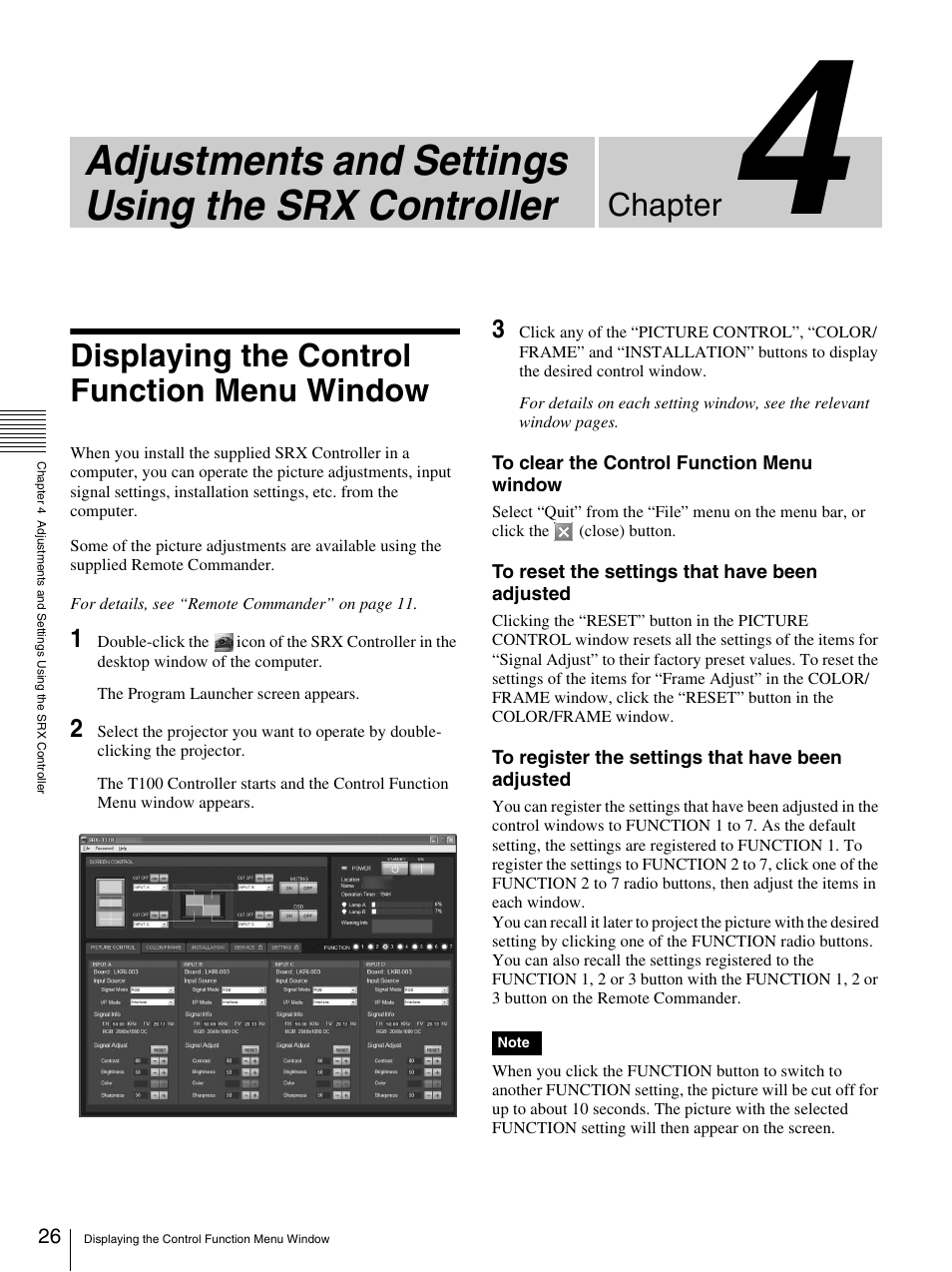 Displaying the control function menu window, Adjustments and settings using the srx controller, Chapter | Sony SRX-T110 User Manual | Page 26 / 43