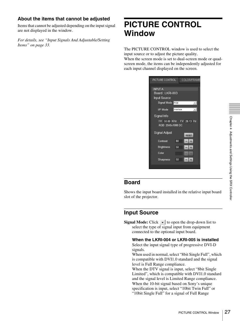 Picture control window, Board, Input source | Board input source, About the items that cannot be adjusted | Sony SRX-T110 User Manual | Page 27 / 43