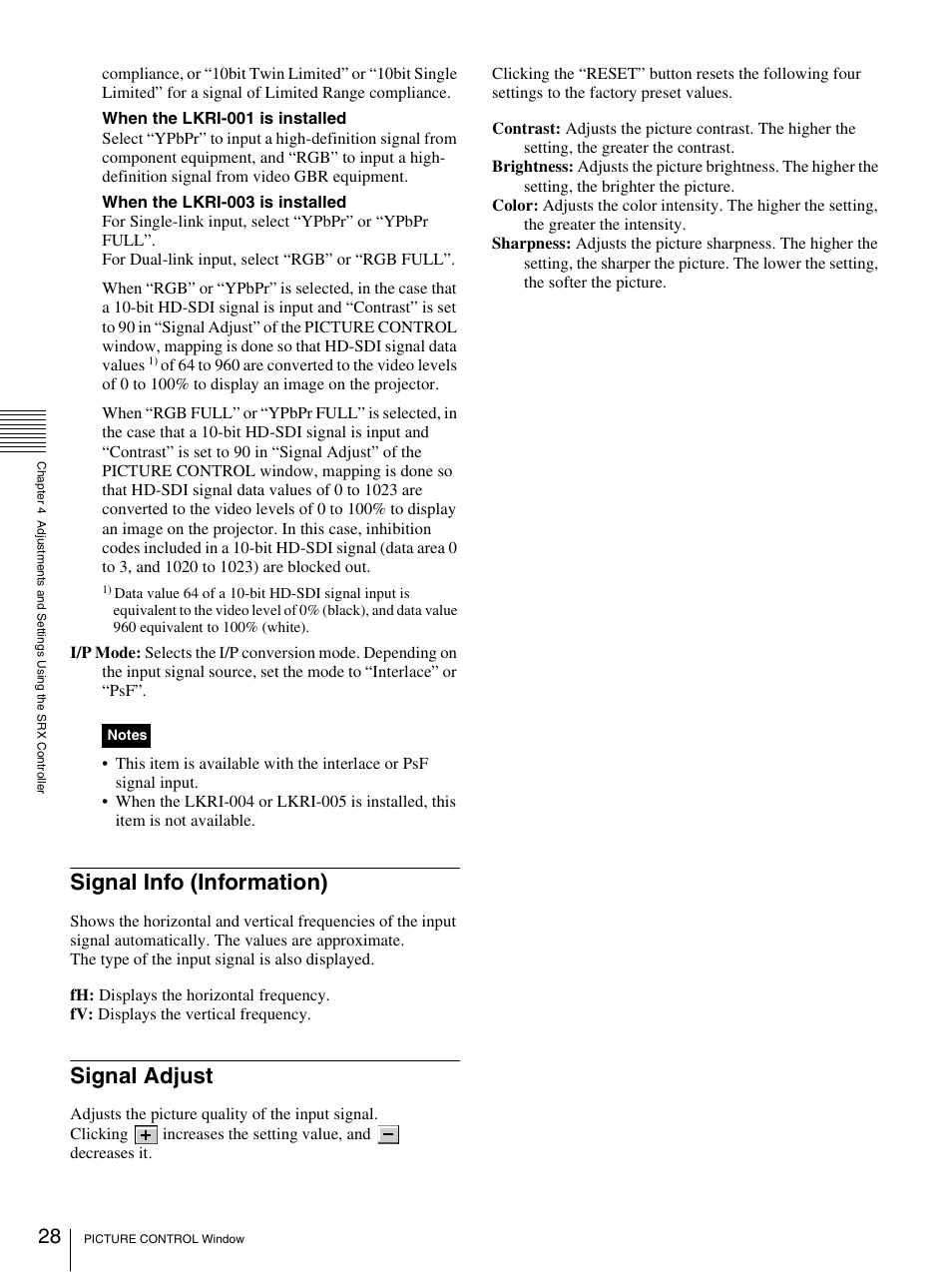 Signal info (information), Signal adjust, Signal info (information) signal adjust | Sony SRX-T110 User Manual | Page 28 / 43