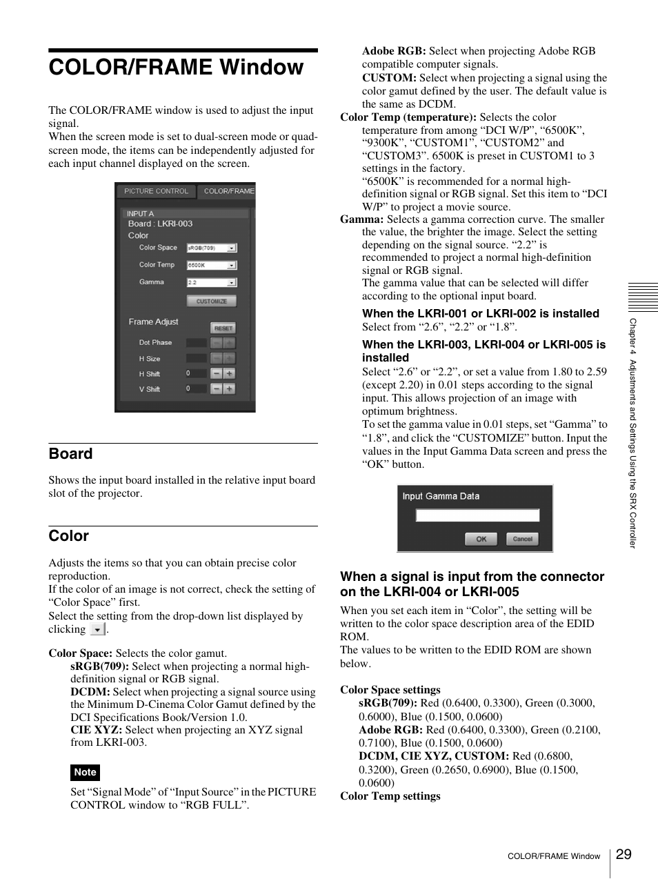 Color/frame window, Board, Color | Board color | Sony SRX-T110 User Manual | Page 29 / 43