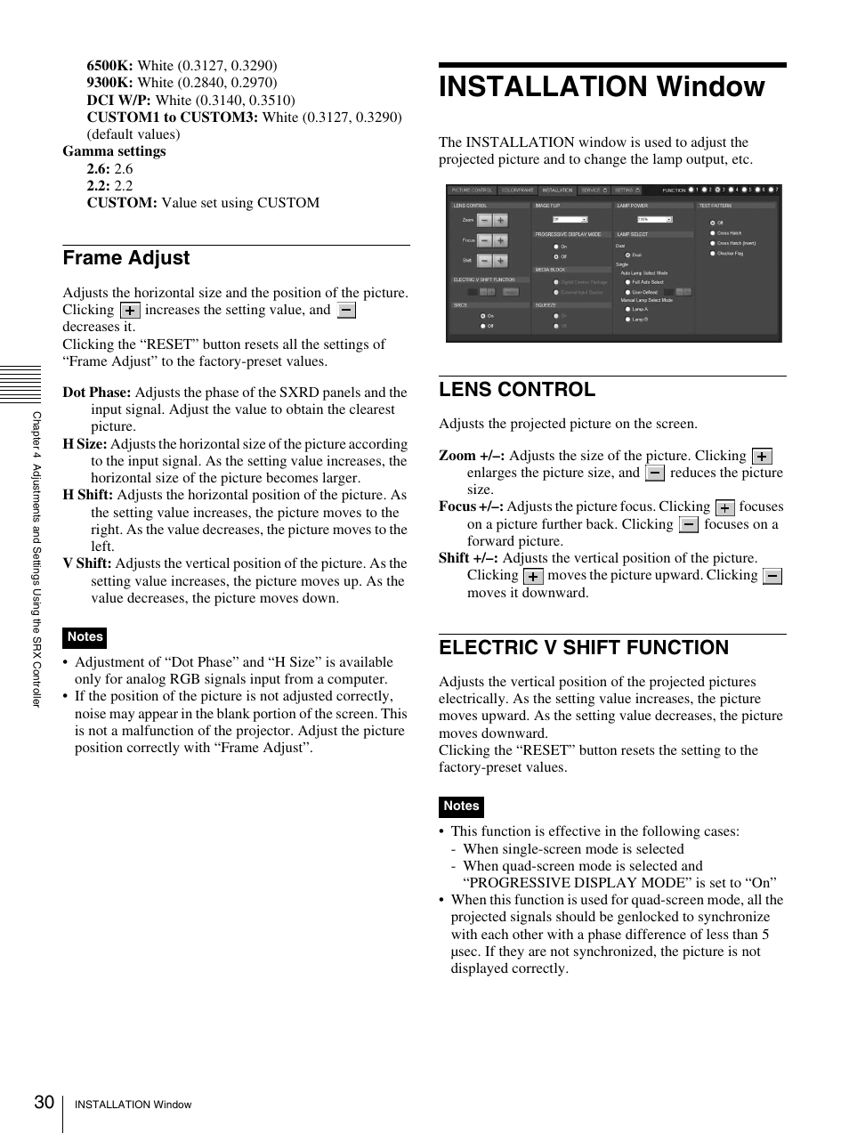 Frame adjust, Installation window, Lens control | Electric v shift function, Lens control electric v shift function | Sony SRX-T110 User Manual | Page 30 / 43