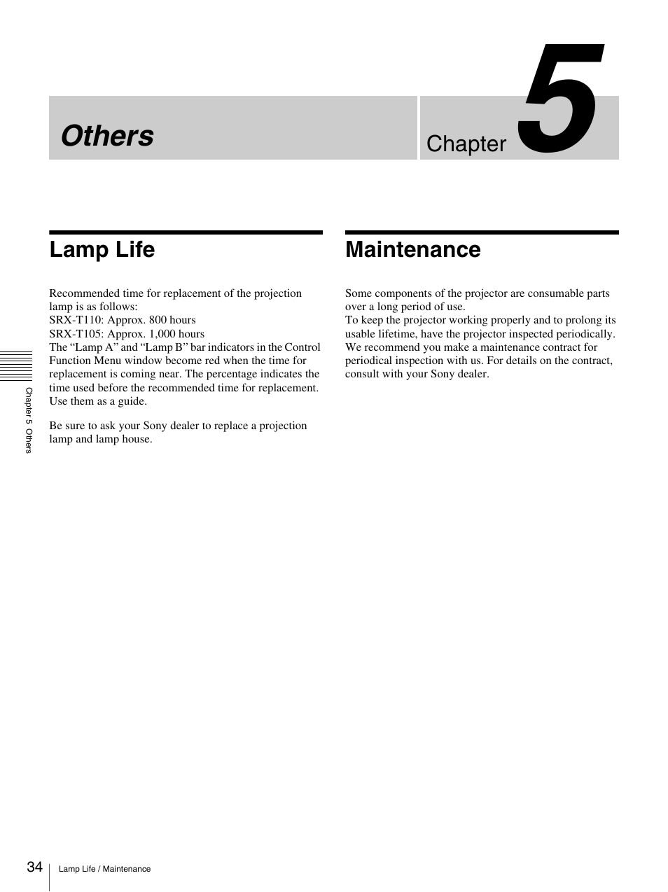 Chapter 5 others, Lamp life, Maintenance | Lamp life maintenance, Others | Sony SRX-T110 User Manual | Page 34 / 43