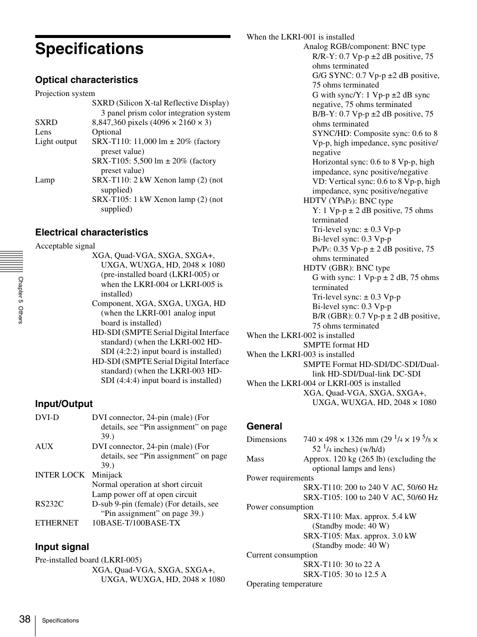 Specifications | Sony SRX-T110 User Manual | Page 38 / 43