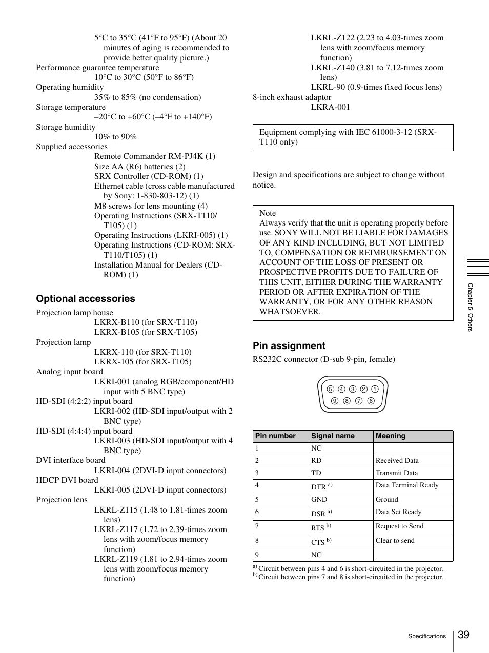 Optional accessories, Pin assignment | Sony SRX-T110 User Manual | Page 39 / 43