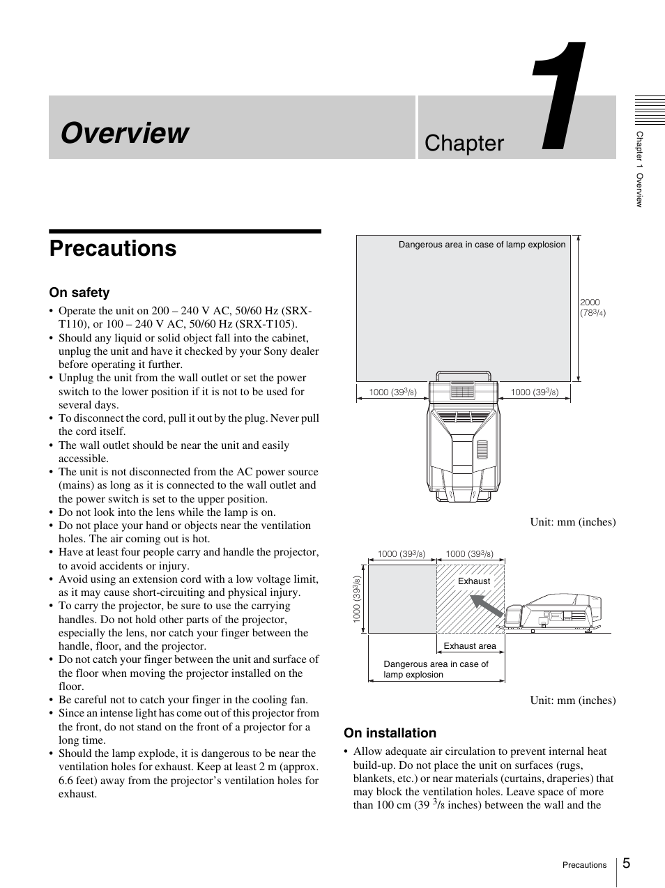 Chapter 1 overview, Precautions, Overview | Chapter | Sony SRX-T110 User Manual | Page 5 / 43