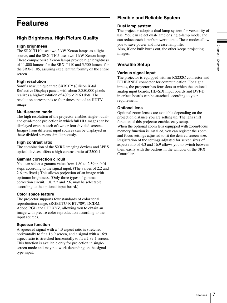 Features | Sony SRX-T110 User Manual | Page 7 / 43