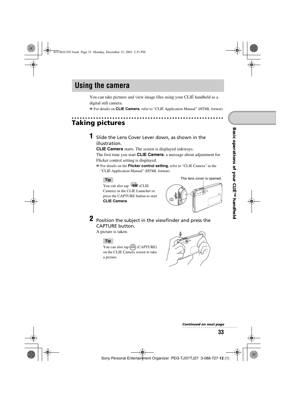 Using the camera, Taking pictures | Sony PEG-TJ37 User Manual | Page 33 / 84