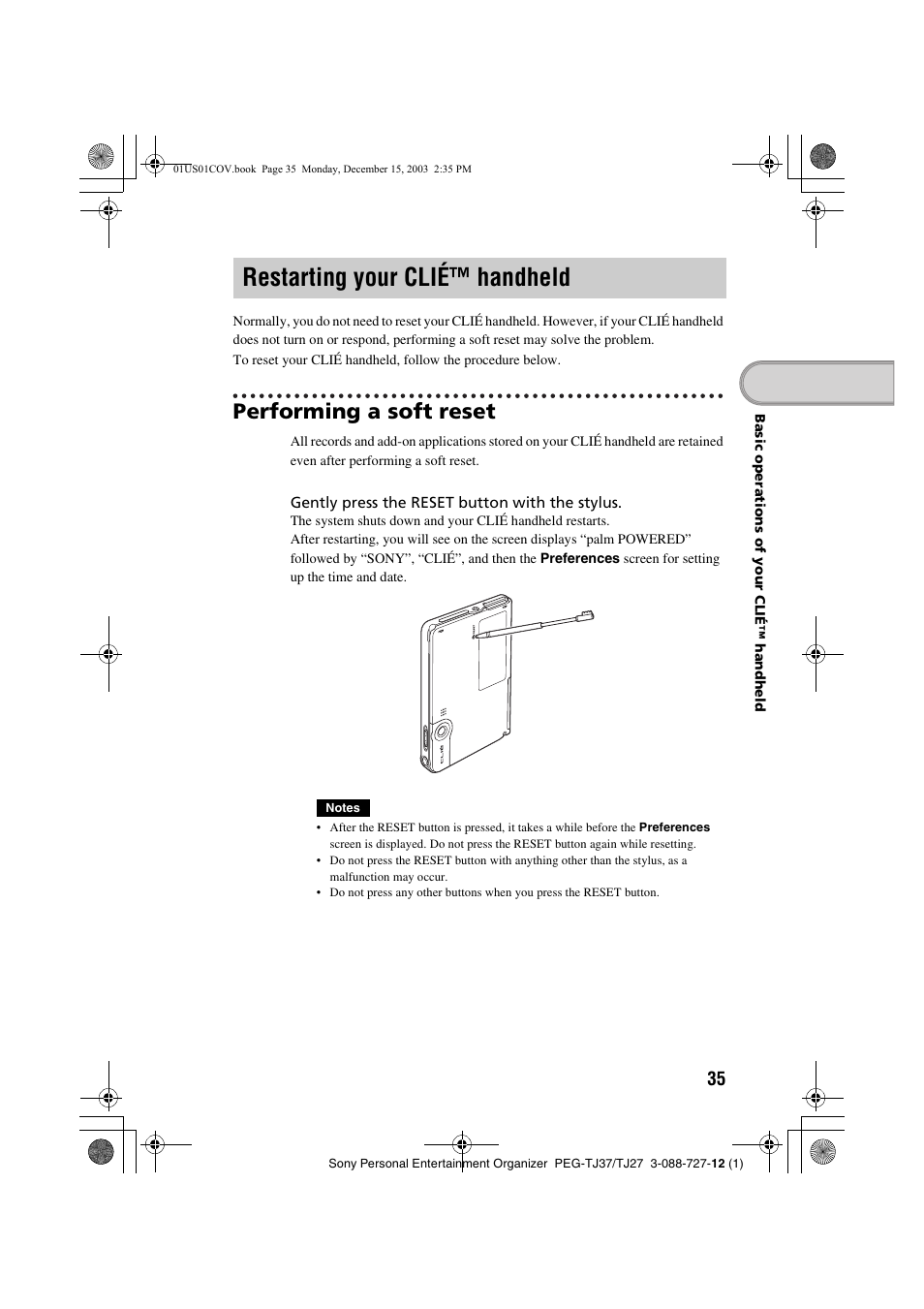 Restarting your clié™ handheld, Restarting, Your clié™ handheld | Performing a soft reset | Sony PEG-TJ37 User Manual | Page 35 / 84