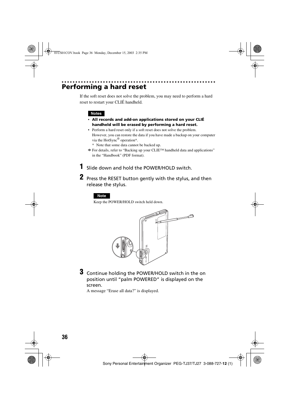 Performing a hard reset | Sony PEG-TJ37 User Manual | Page 36 / 84