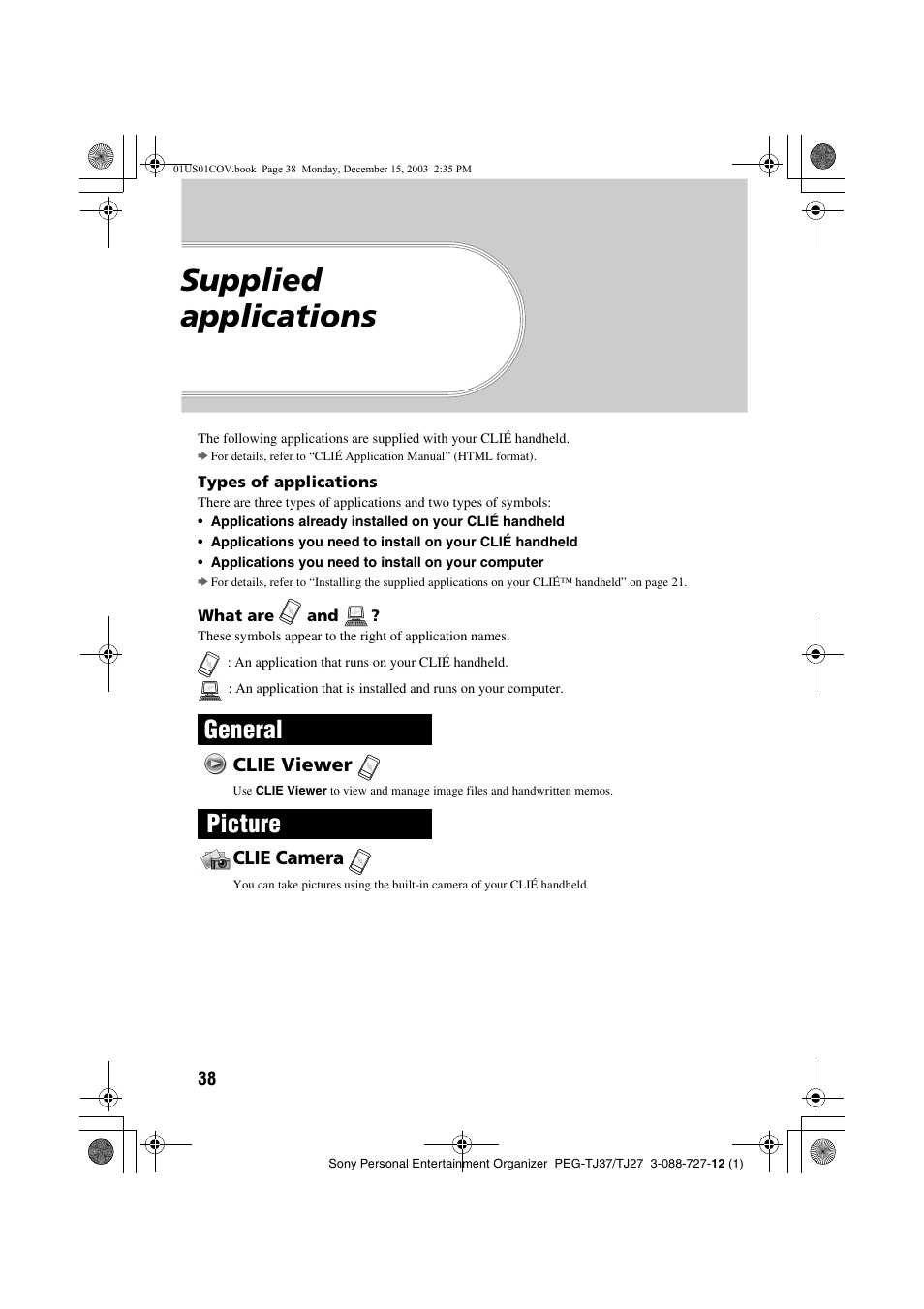 Supplied applications, General, Clie viewer | Picture, Clie camera | Sony PEG-TJ37 User Manual | Page 38 / 84