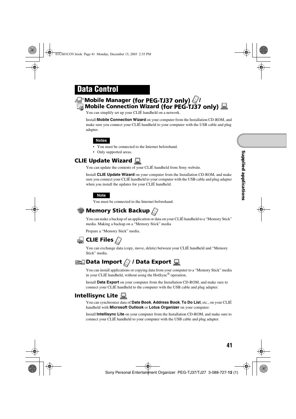 Data control, Clie update wizard, Memory stick backup | Clie files, Data import / data export, Intellisync lite, For peg-tj37 only), Mobile manager, Mobile connection wizard | Sony PEG-TJ37 User Manual | Page 41 / 84