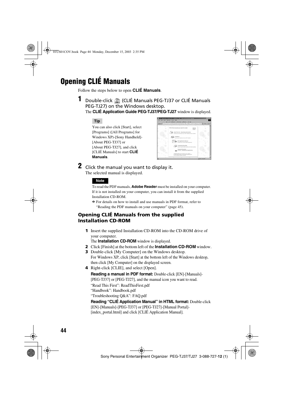 Opening clié manuals | Sony PEG-TJ37 User Manual | Page 44 / 84