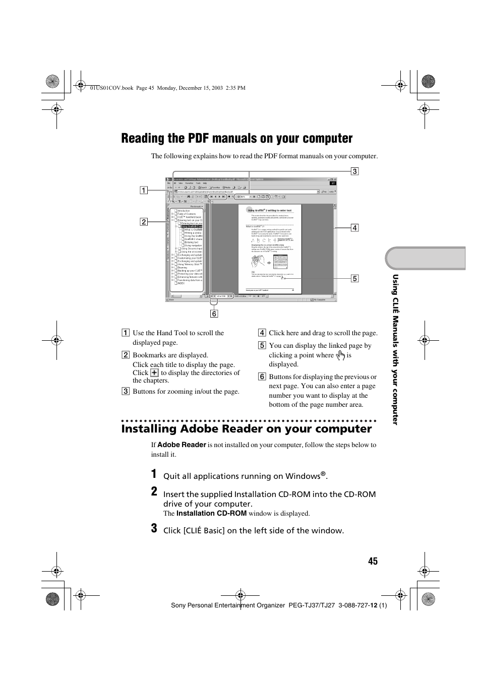 Reading the pdf manuals on your computer, Reading the pdf manuals on, Your computer | Installing adobe reader on your computer | Sony PEG-TJ37 User Manual | Page 45 / 84