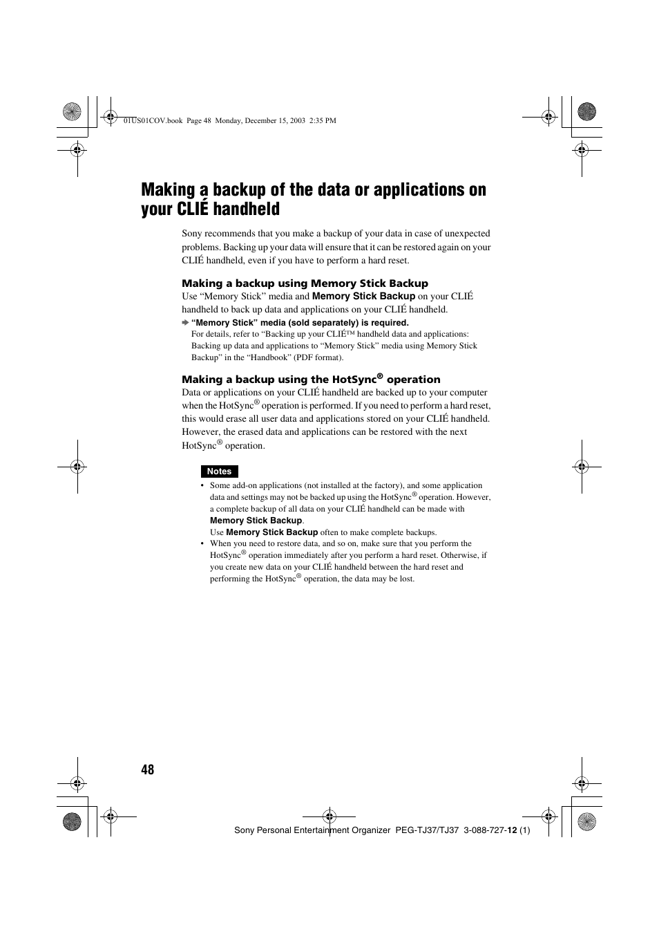 Making a backup of the data or, Applications on your clié handheld | Sony PEG-TJ37 User Manual | Page 48 / 84