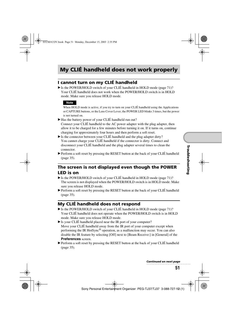 My clié handheld does not work properly, I cannot turn on my clié handheld, My clié handheld does not respond | Sony PEG-TJ37 User Manual | Page 51 / 84