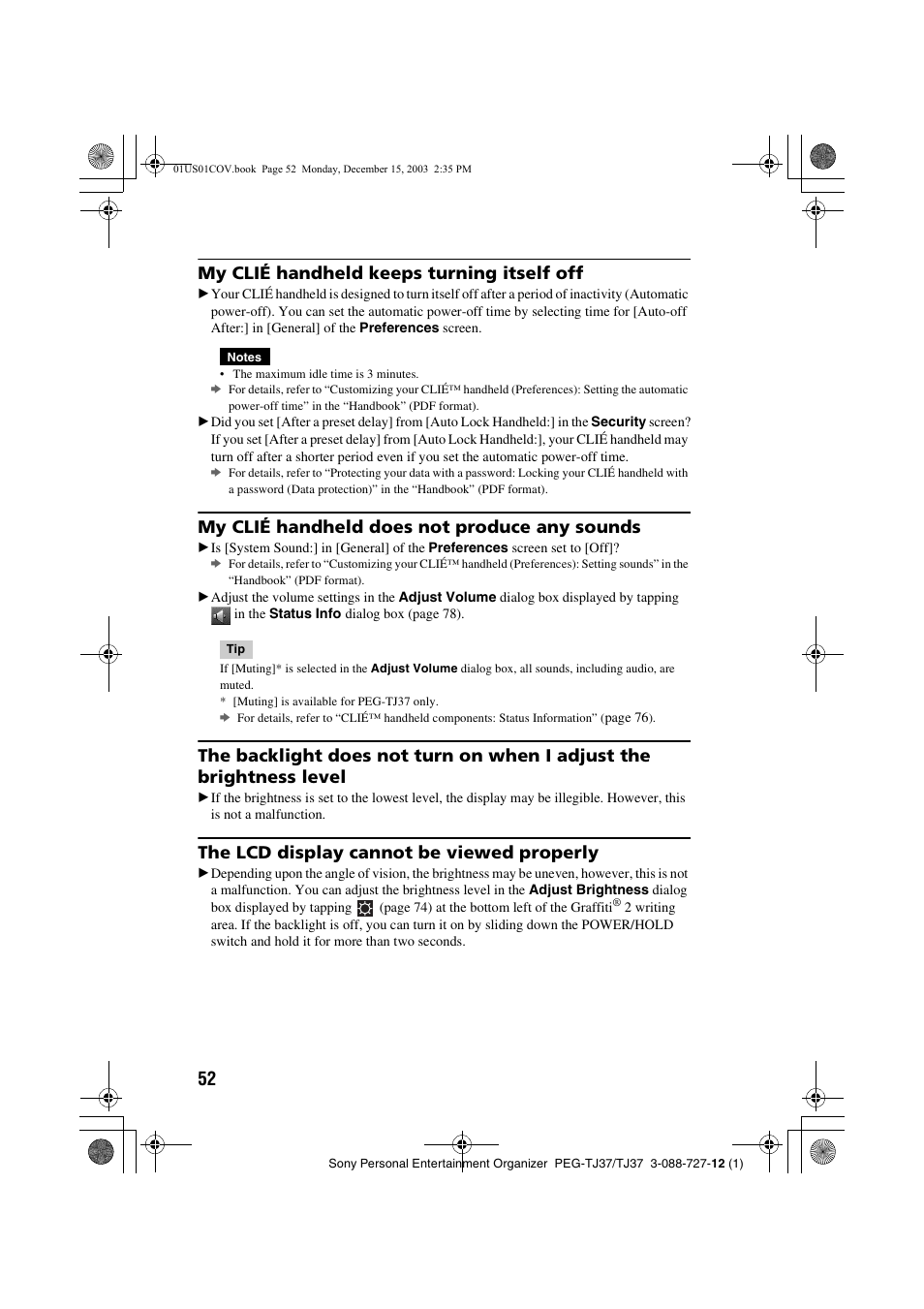 My clié handheld keeps turning itself off, My clié handheld does not produce any sounds, The lcd display cannot be viewed properly | Sony PEG-TJ37 User Manual | Page 52 / 84