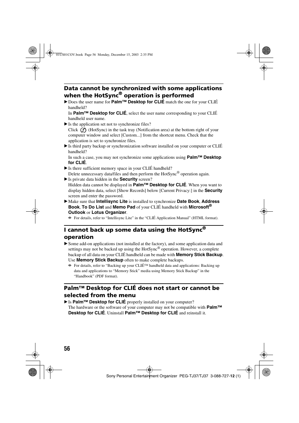 Operation is performed, I cannot back up some data using the hotsync, Operation | Sony PEG-TJ37 User Manual | Page 56 / 84