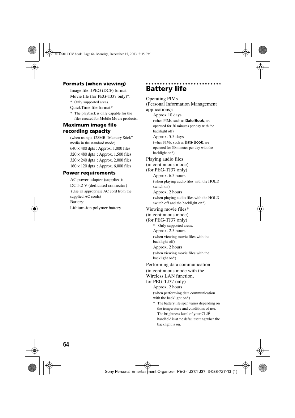 Battery life | Sony PEG-TJ37 User Manual | Page 64 / 84