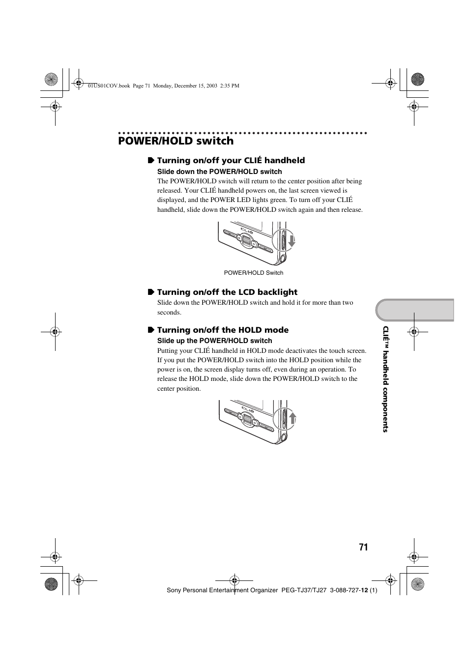 Power/hold switch | Sony PEG-TJ37 User Manual | Page 71 / 84