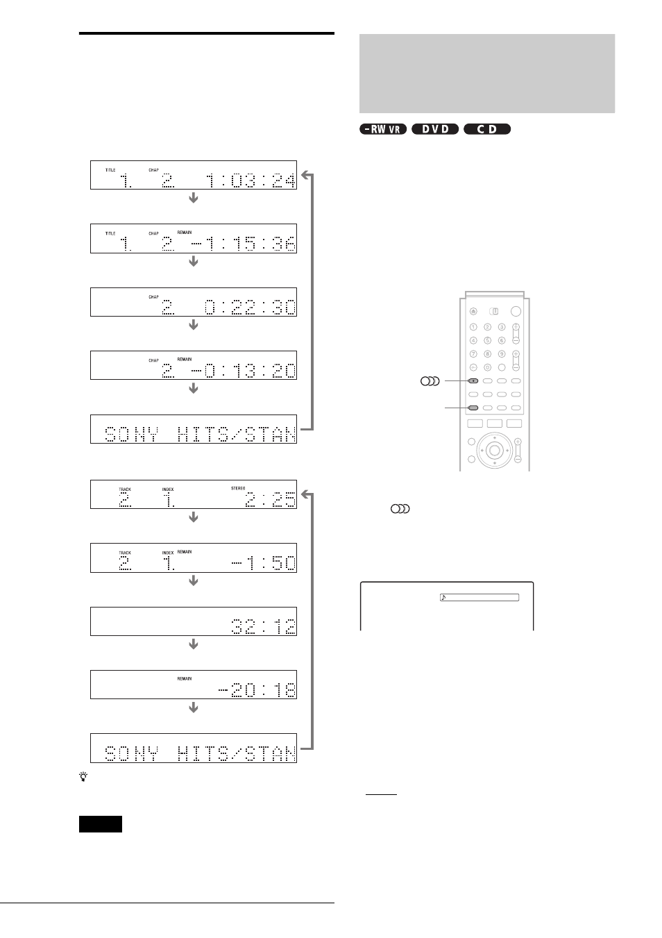 Selecting the sound, Checking the playing time on the front panel, Display | Sony RDR-GX7 User Manual | Page 44 / 96