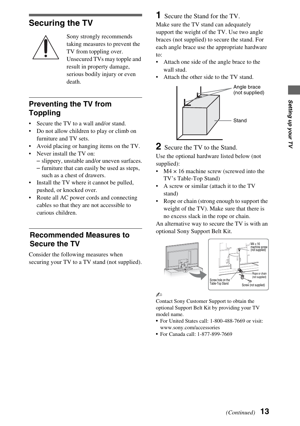 Securing the tv, Preventing the tv from toppling, Recommended measures to secure the tv | Sony 52NX800 User Manual | Page 13 / 24