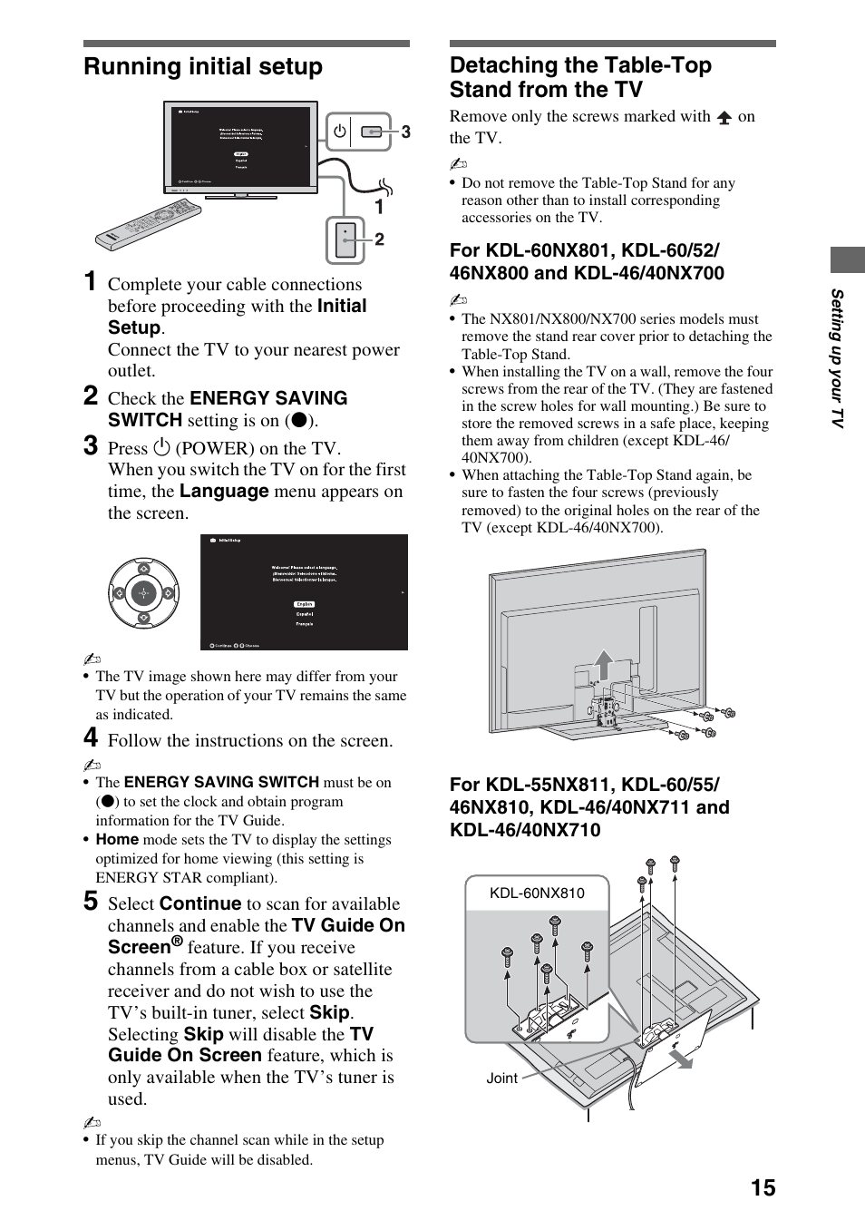 Running initial setup, Detaching the table-top stand from the tv | Sony 52NX800 User Manual | Page 15 / 24