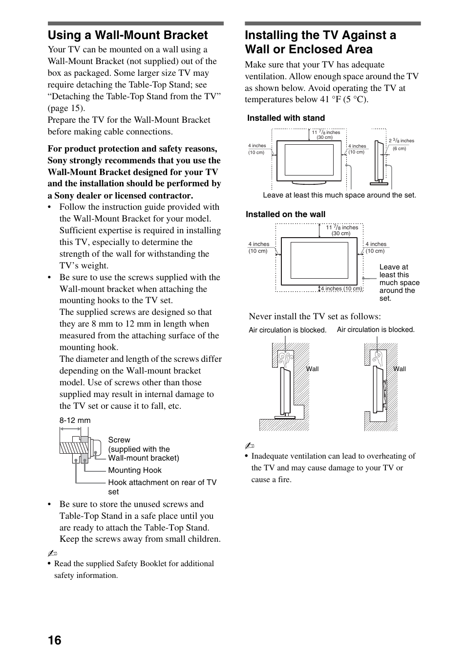 Using a wall-mount bracket, Installing the tv against a wall or enclosed area, Never install the tv set as follows | Sony 52NX800 User Manual | Page 16 / 24