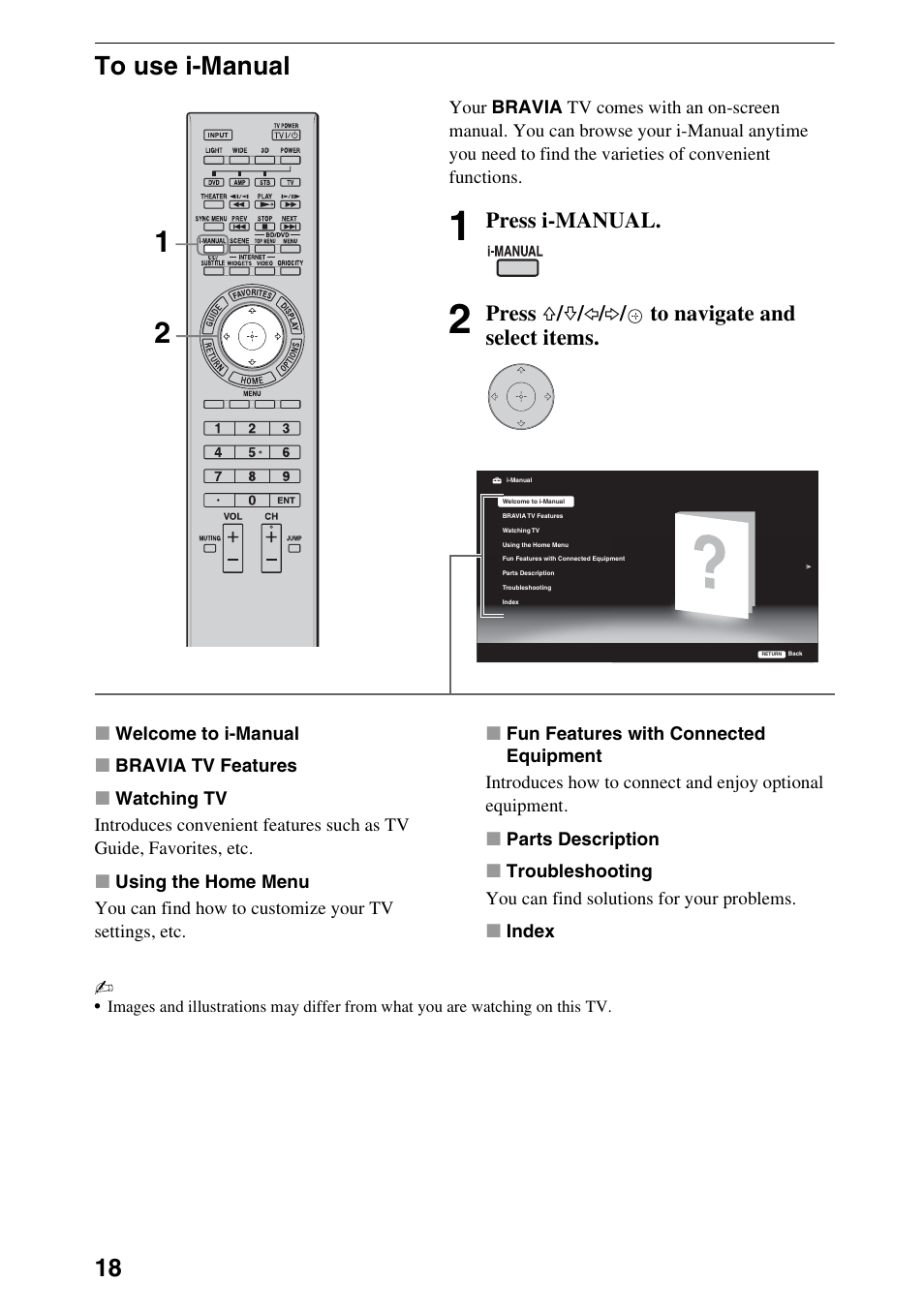 To use i-manual, Press i-manual, Press f / f / g / g / to navigate and select items | Sony 52NX800 User Manual | Page 18 / 24